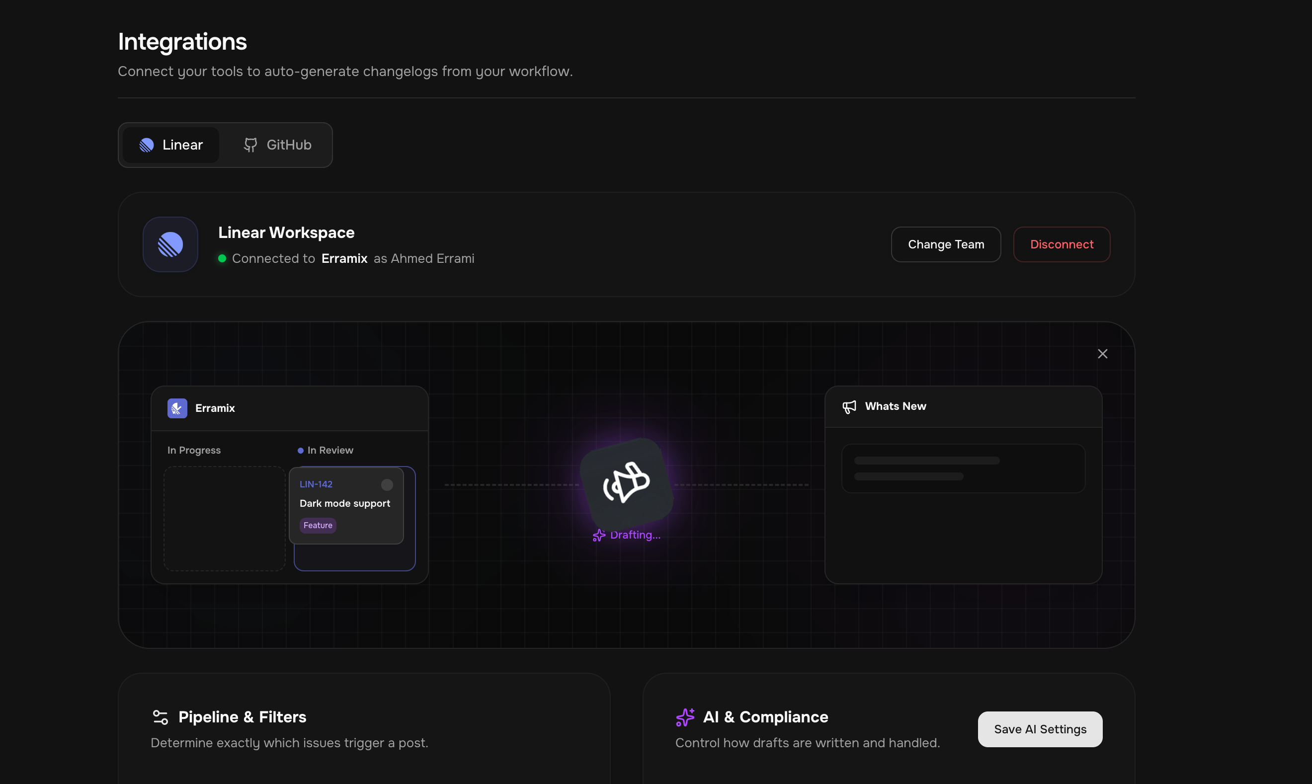 Connect GitHub or Linear